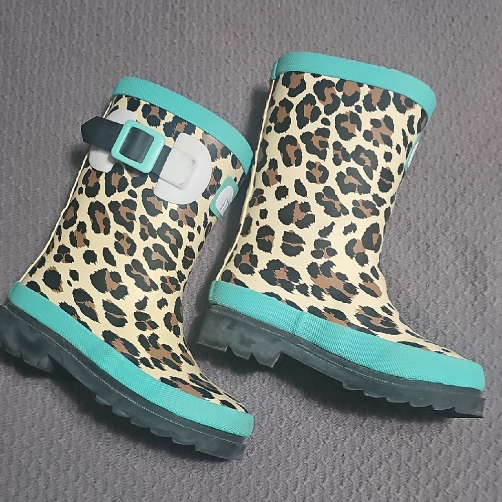 Leopard Print Kids Rain Boots with Teal Accents